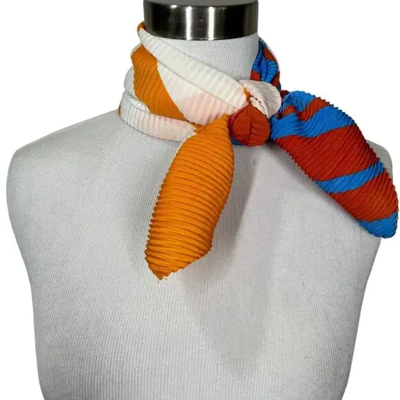 Mango MNG Striped Retro Pleated Scarf Orange Red Blue Neck Geometric Mod Casual - Picture 2 of 6